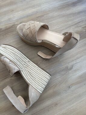 Beige Suede Espadrille Wedge Sandals - Women